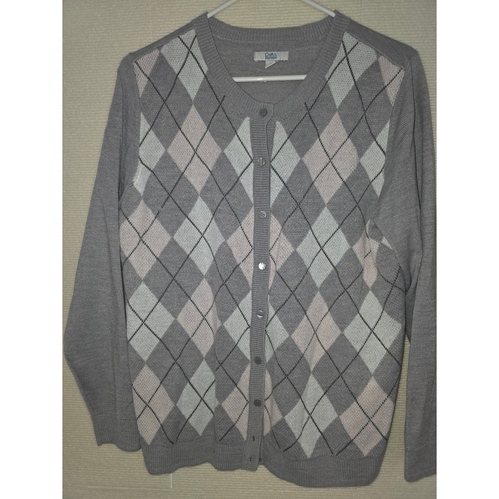 Croft & Barrow Womens Grey Argyle Button Front Cardigan Sweater Size L